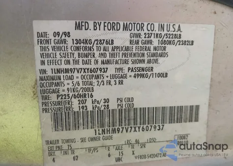 1999 Lincoln Continental z USA, uszkodzony, nr VIN 1LNHM97V7XY607937